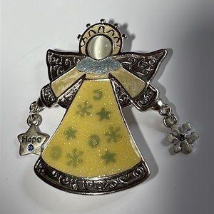 Vintage Angel brooch pastel yellow enamel silver pin.